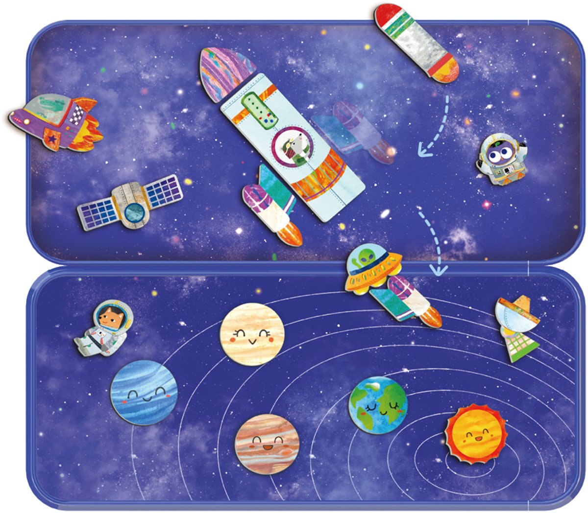 MierEdu MAGNETISCHE PUZZELDOOS reis: SPACE ODYSSEY 9x3,3x20,3cm, bevat 2 scènes en meer dan 30 magnetische puzzelstukken, in metalen doosje, 3+
