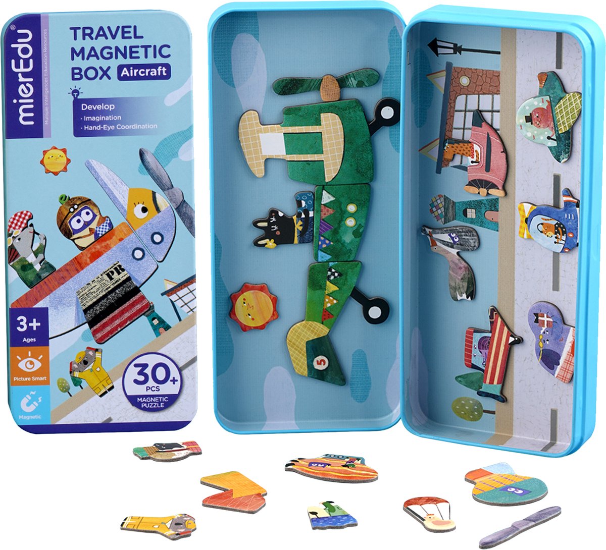 MierEdu MAGNETISCHE PUZZELDOOS reis: VLIEGTUIGEN 9x3,3x20,3cm, bevat 2 scènes en meer dan 30 magnetische puzzelstukken, in metalen doosje, 3+