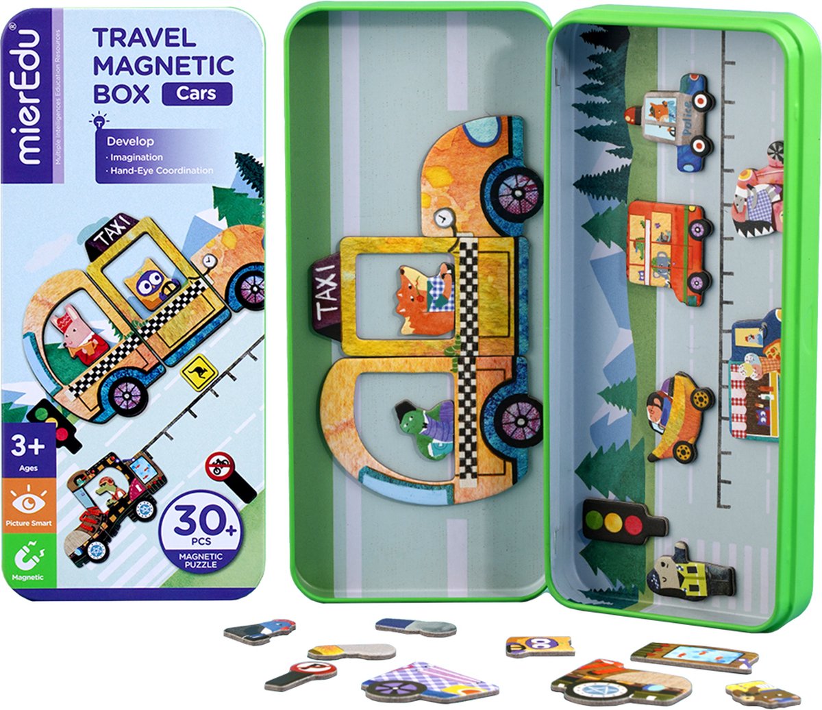 MierEdu MAGNETISCHE PUZZELDOOS reis: VOERTUIGEN 9x3,3x20,3cm, bevat 2 scènes en meer dan 30 magnetische puzzelstukken, in metalen doosje, 3+