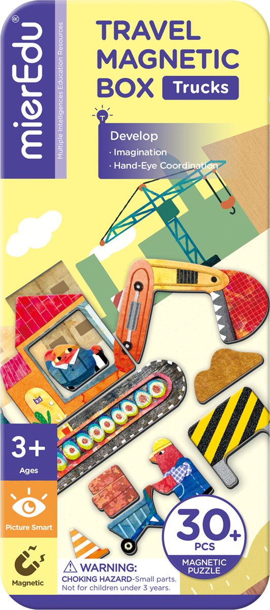 MierEdu MAGNETISCHE PUZZELDOOS reis: VRACHTWAGENS 9x3,3x20,3cm, bevat 2 scènes en meer dan 30 magnetische puzzelstukken, in metalen doosje, 3+