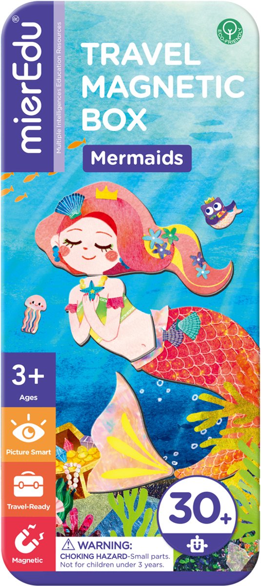 MierEdu MAGNETISCHE PUZZELDOOS reis: ZEEMEERMINNEN 9x3,3x20,3cm, bevat 2 scènes en meer dan 30 magnetische puzzelstukken, in metalen doosje, 3+