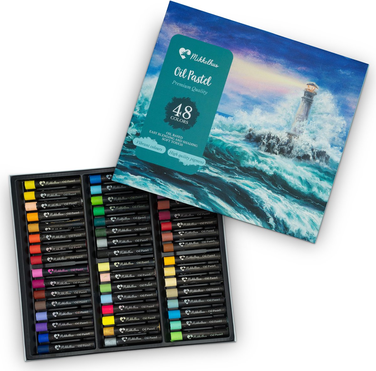 Mikkelhus Oliepastelkrijt - Krijtdoos met 48 diverse kleuren - Krijtjes met een zachte textuur voor soepel gebruik - Makkelijk te mengen en blenden - Voor volwassenen