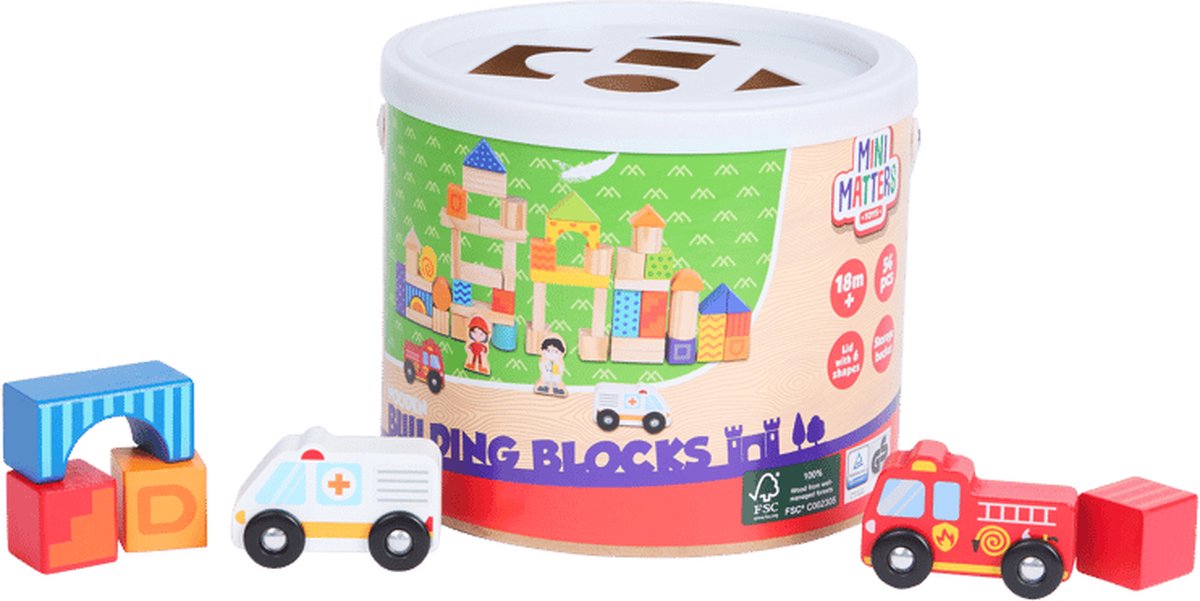 Mini Matters houten Bouwblokken - Bouw blokken hout - Blokken set 54-Delig - inclusief opslagemmer + 2 poppenfiguurtjes + 2 autofiguurtjes