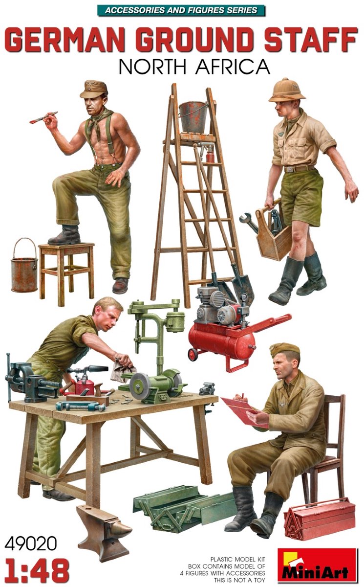 MiniArt Modelbouwpakket Militaire voertuigen - 49020 Duitse Soldaten WWII - Grondpersoneel met Accessoires - Noord-Afrika - 4 Figuren Plastic - 1:48 -