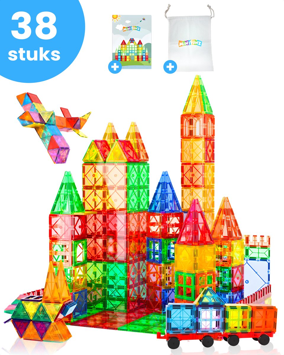 Minifunz® 38 Stuks Magnetic Tiles Speelgoed - Magnetisch Speelgoed - Bouwblokken - Montessori Speelgoed - Bouwstenen - Constructie Speelgoed - Speelgoed 3 t/m 12 jaar