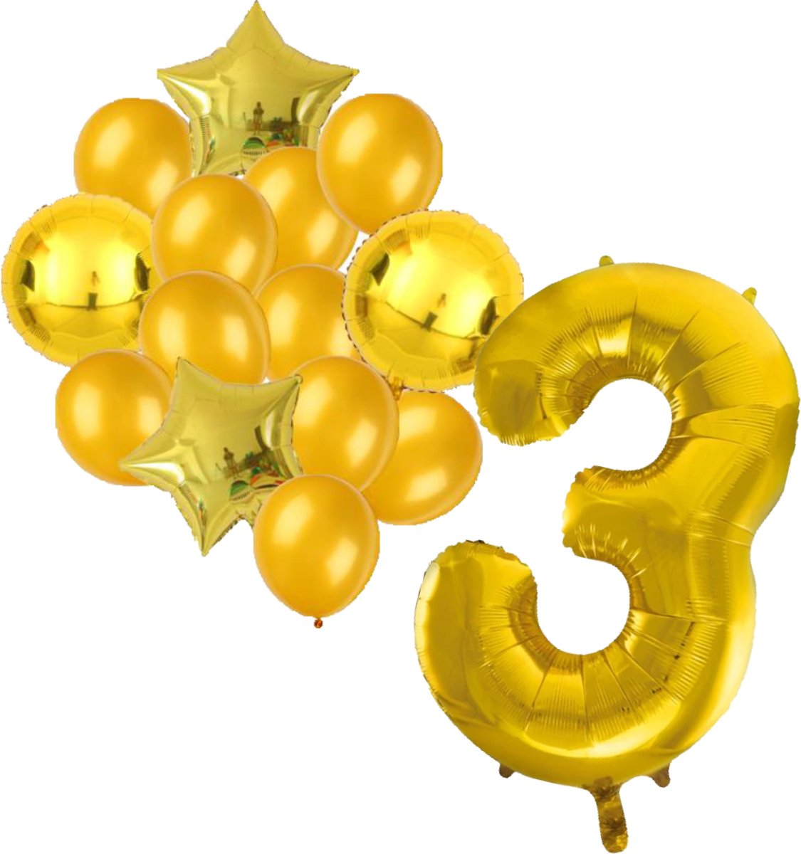Ballonnenset goud 3 - ster - rond - ballon - 3 jaar - cijferballon - latexballon - verjaardag - verjaardagversiering - party - versiering - feest
