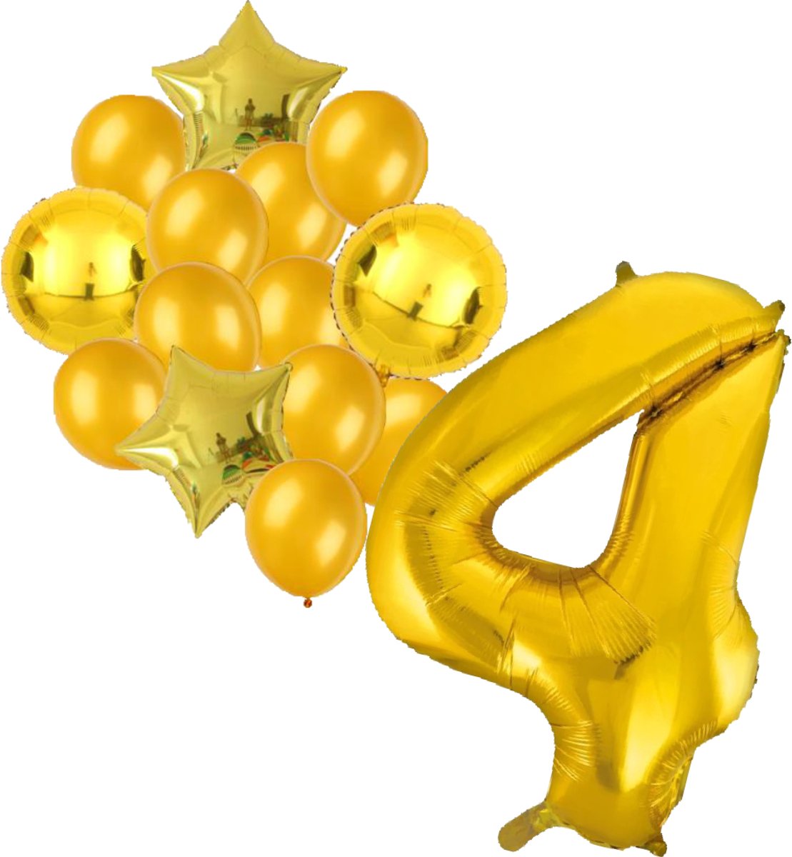 Ballonnenset goud 4 - ster - rond - ballon - 4 jaar - cijferballon - latexballon - verjaardag - verjaardagversiering - party - versiering - feest