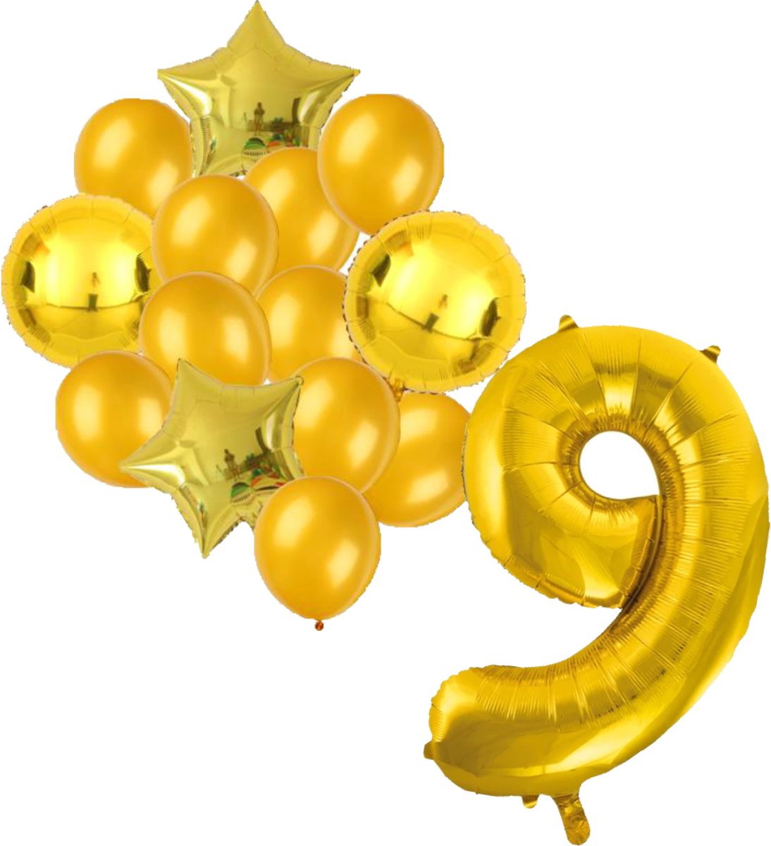 Ballonnenset goud 9 - ster - rond - ballon - 9 jaar - cijferballon - latexballon - verjaardag - verjaardagversiering - party - versiering - feest