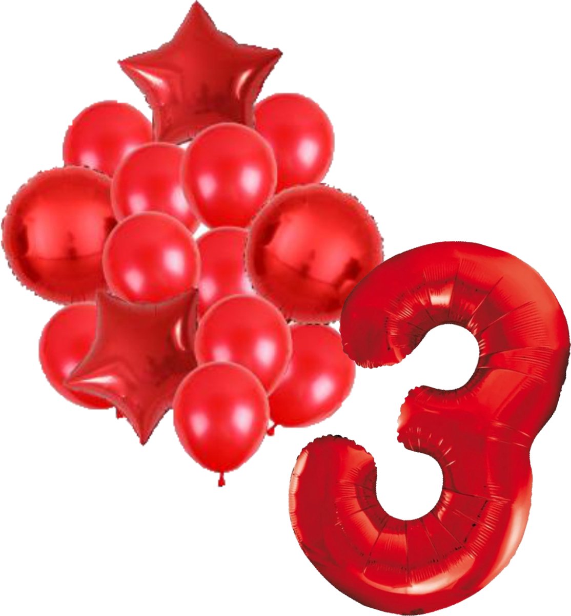 Ballonnenset rood 3 - ster - rond - ballon - 3 jaar - cijferballon - latexballon - verjaardag - verjaardagversiering - party - versiering - feest