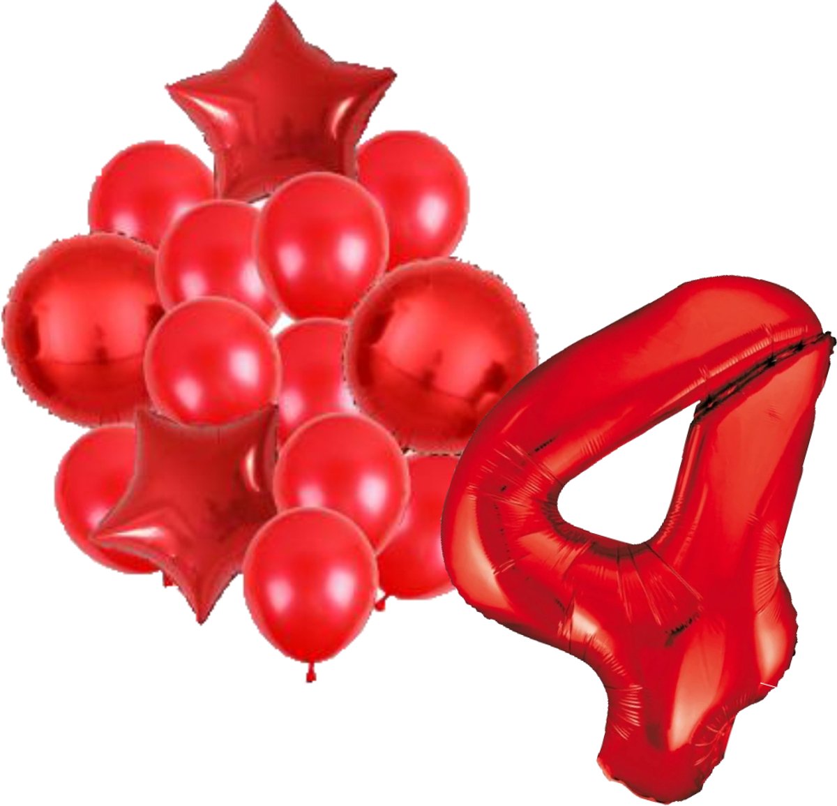 Ballonnenset rood 4 - ster - rond - ballon - 4 jaar - cijferballon - latexballon - verjaardag - verjaardagversiering - party - versiering - feest