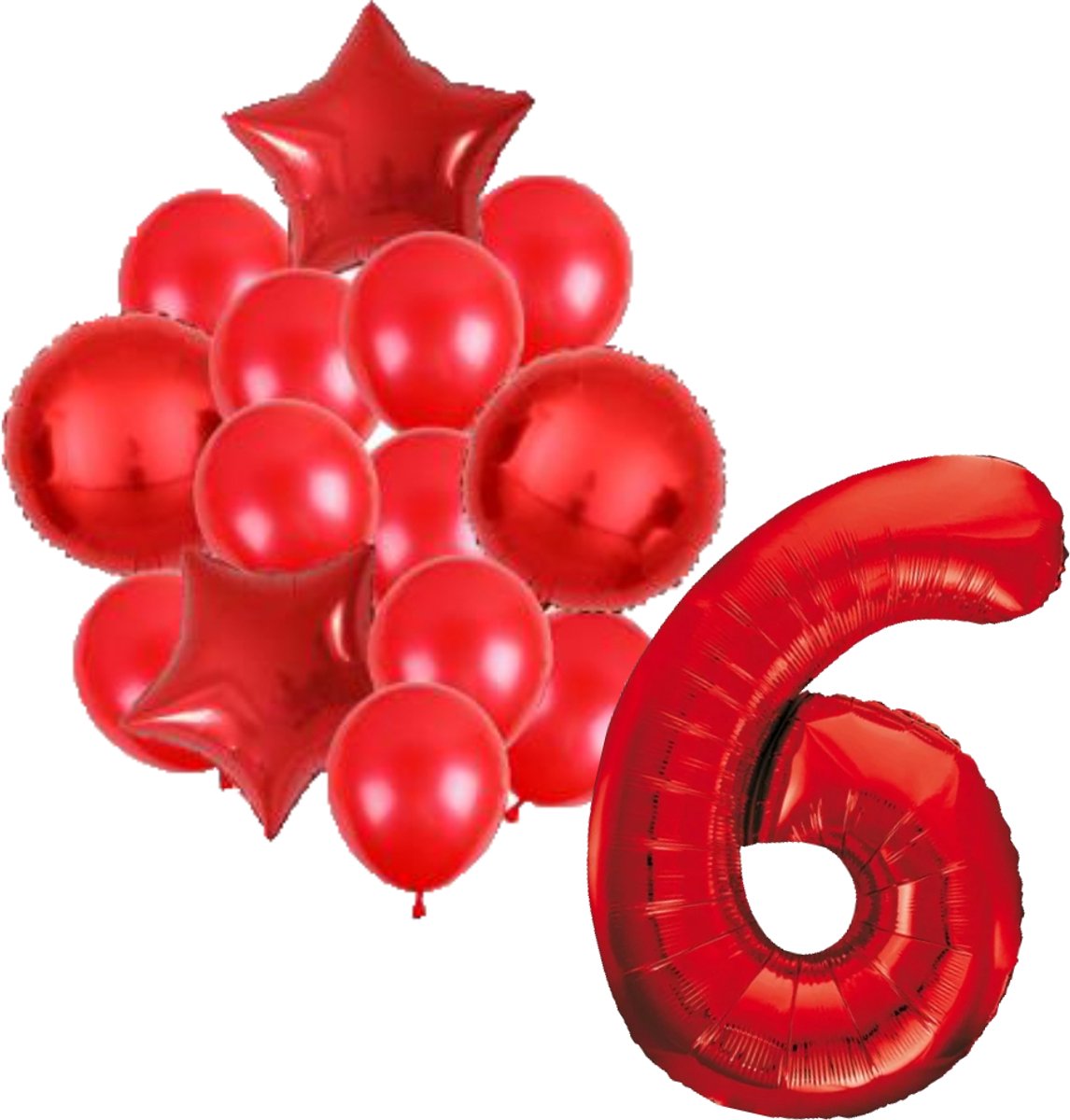 Ballonnenset rood 6 - ster - rond - ballon - 6 jaar - cijferballon - latexballon - verjaardag - verjaardagversiering - party - versiering - feest