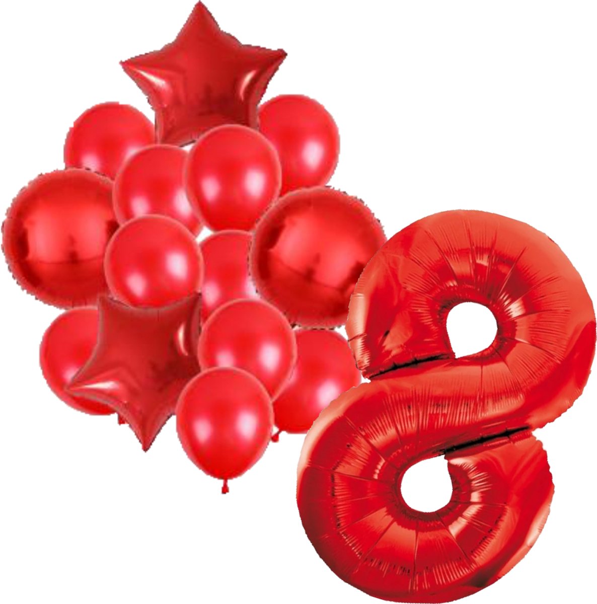 Ballonnenset rood 8 - ster - rond - ballon - 8 jaar - cijferballon - latexballon - verjaardag - verjaardagversiering - party - versiering - feest