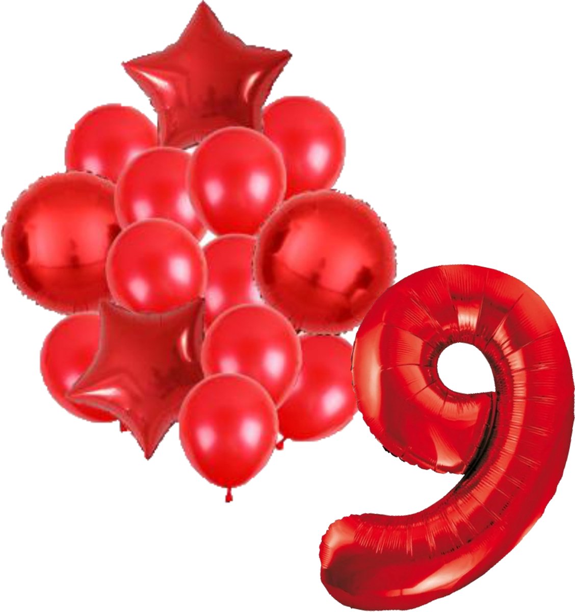 Ballonnenset rood 9 - ster - rond - ballon - 9 jaar - cijferballon - latexballon - verjaardag - verjaardagversiering - party - versiering - feest