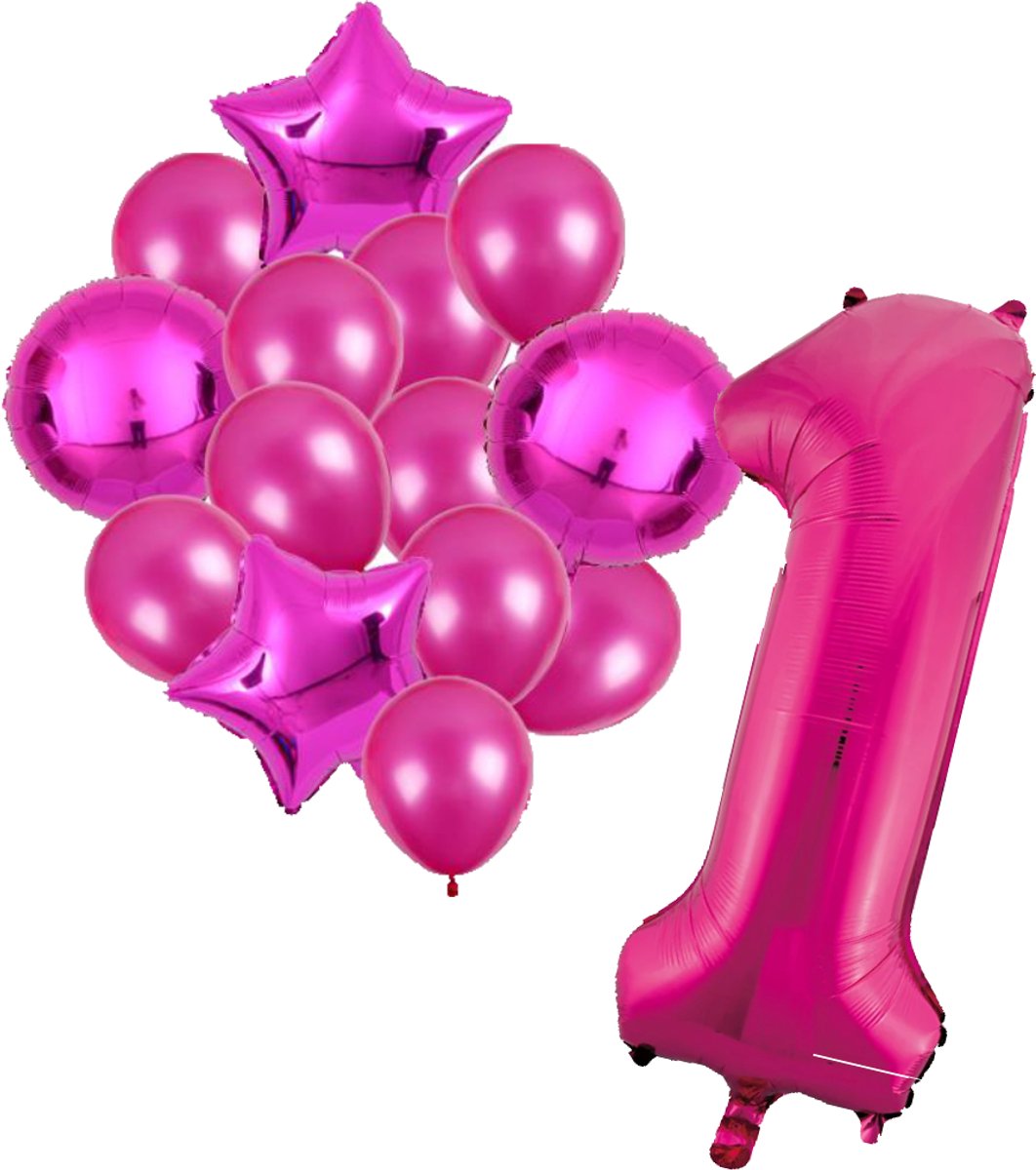 Ballonnenset roze 1 - ster - rond - ballon - 1 jaar - cijferballon - latexballon - verjaardag - verjaardagversiering - party - versiering - feest