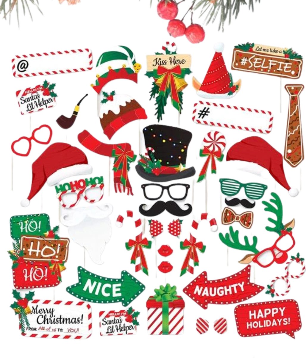 Kerst Photobooth Props - Fotobox - 38 stuks - Incl. houten stokjes