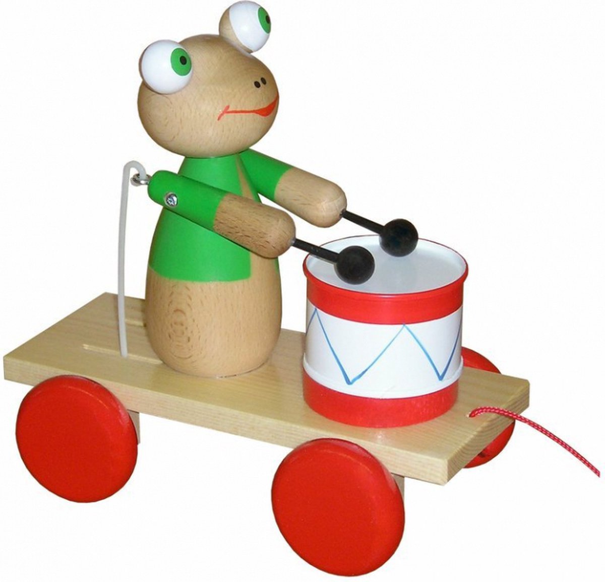 Miva houten trekfiguur kikker met trommel - kleurrijk speelgoed.