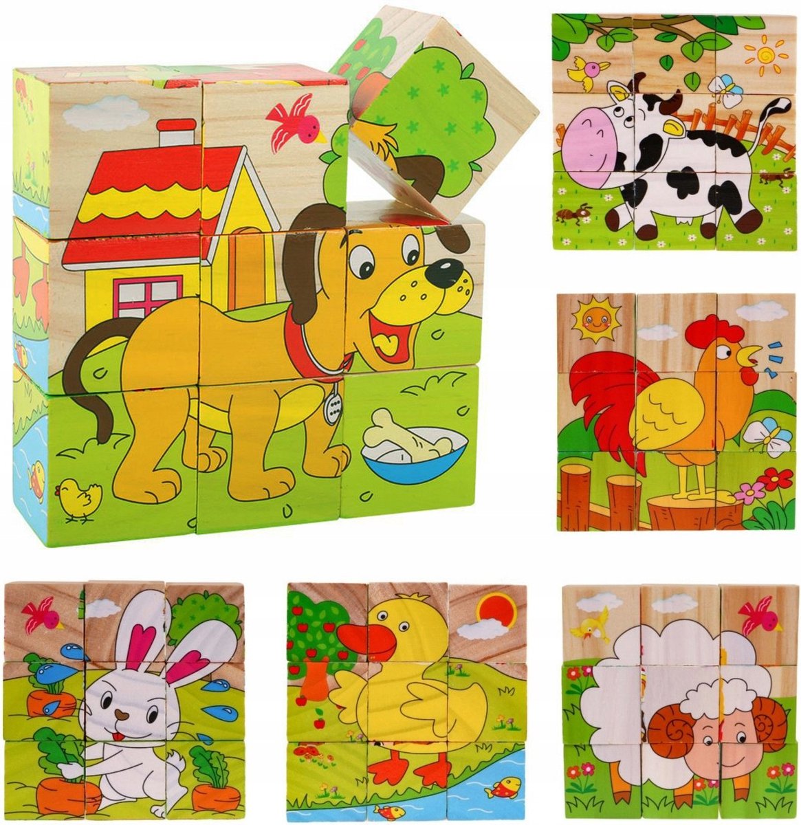 Mivida - Blokpuzzel - 9 Blokken - Educatief Speelgoed - Dieren - Boerderijdieren - Boerderij - Kubus Puzzel - Houten Puzzel