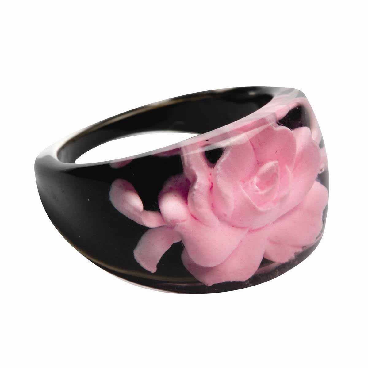 MixMamas Ring - Midnight Rose - Trendy Acryl Ring met Roos - Zwart / Roze - Lichtgewicht en Stijlvol - Nikkelvrij