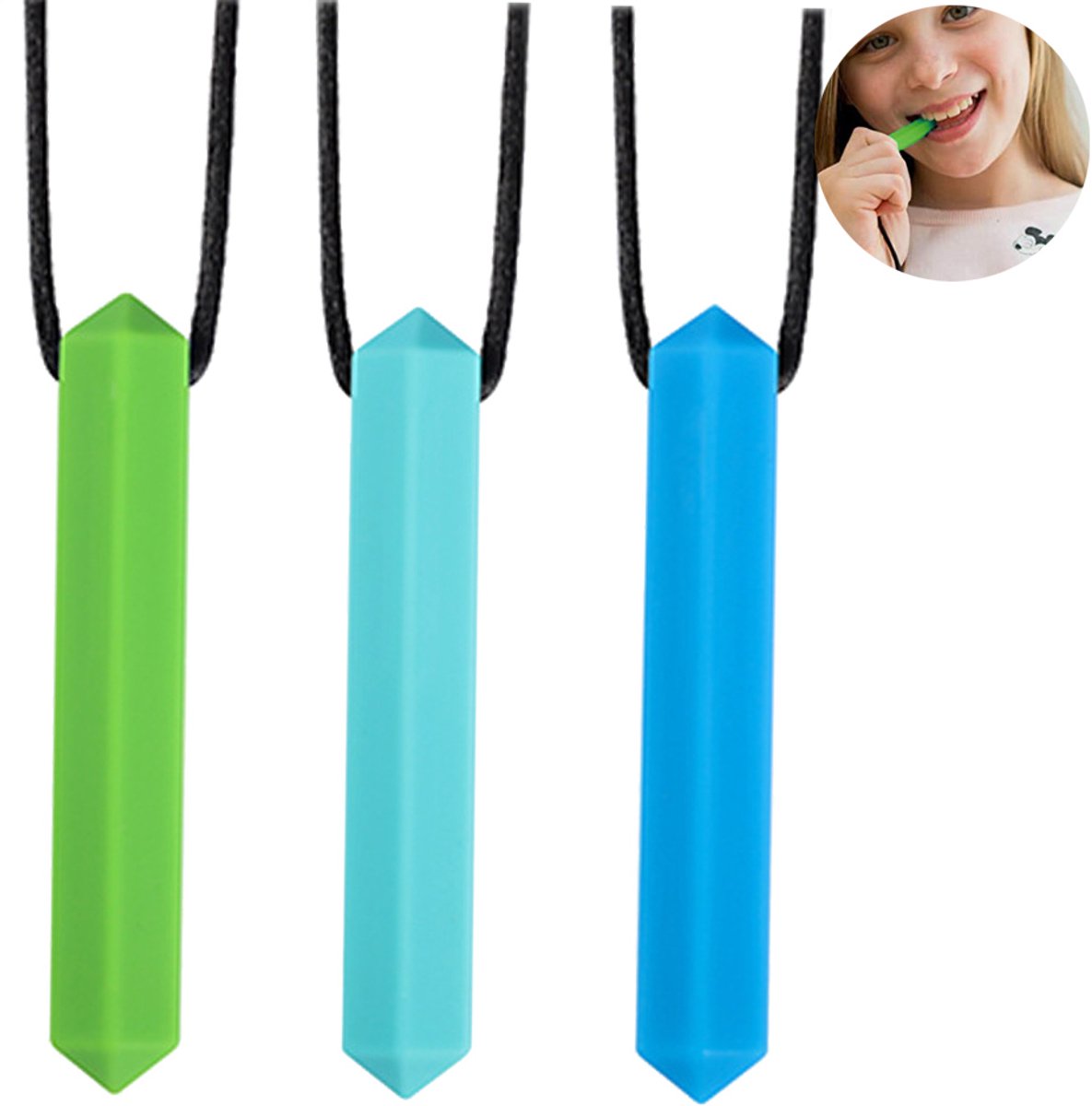 Mmgoqqt - 3-Delige Sensoire Kauwkettingen - Chew Chew Crayon - Silicone - Blauw + Groen + Lichtblauw - Voor Kinderen En Volwassenen