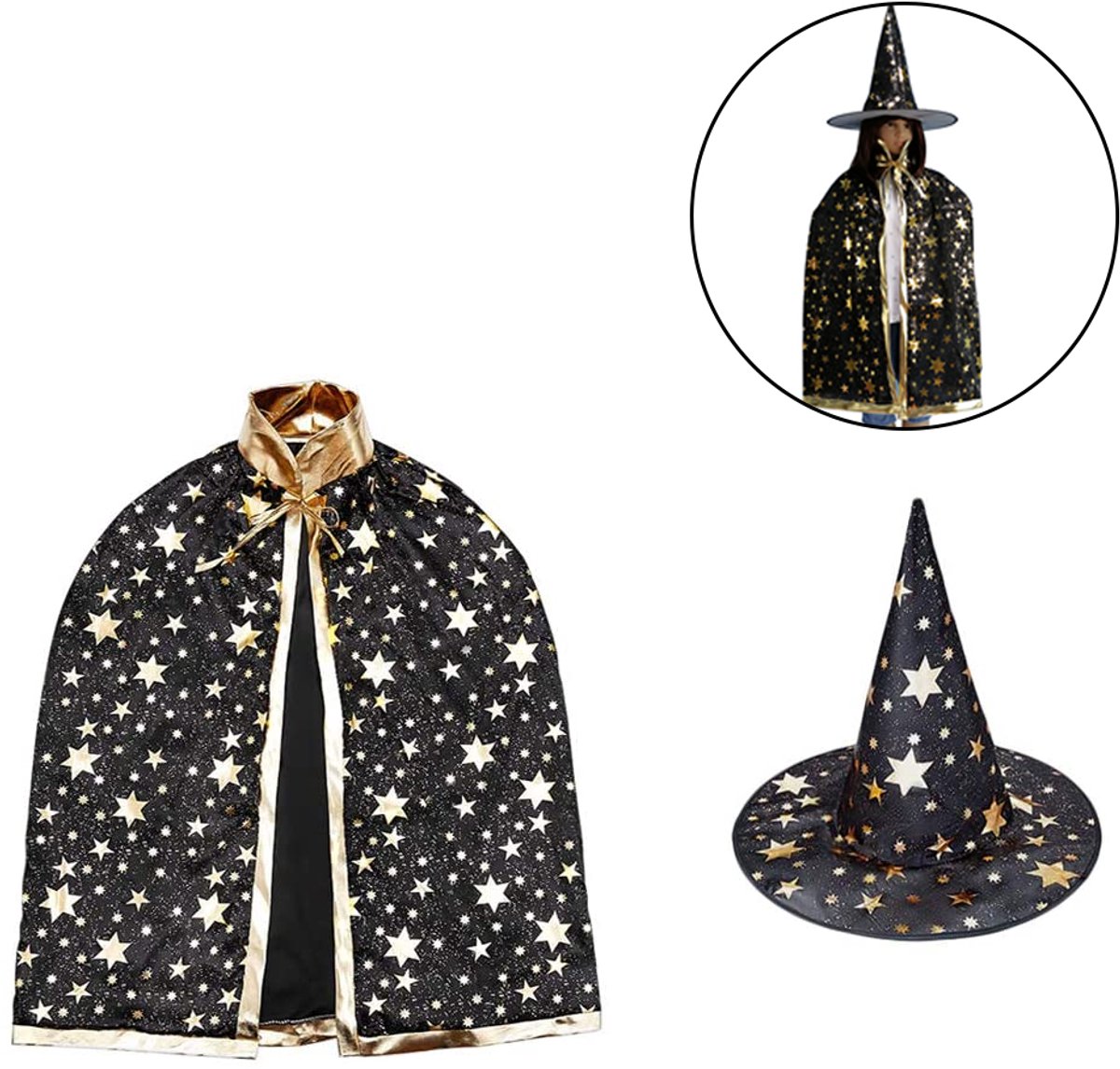 Mmgoqqt - Halloween mantel - Met Hoed - Zwart - Sterrenpatroon - Voor Kinderen - Rolspelen Feest