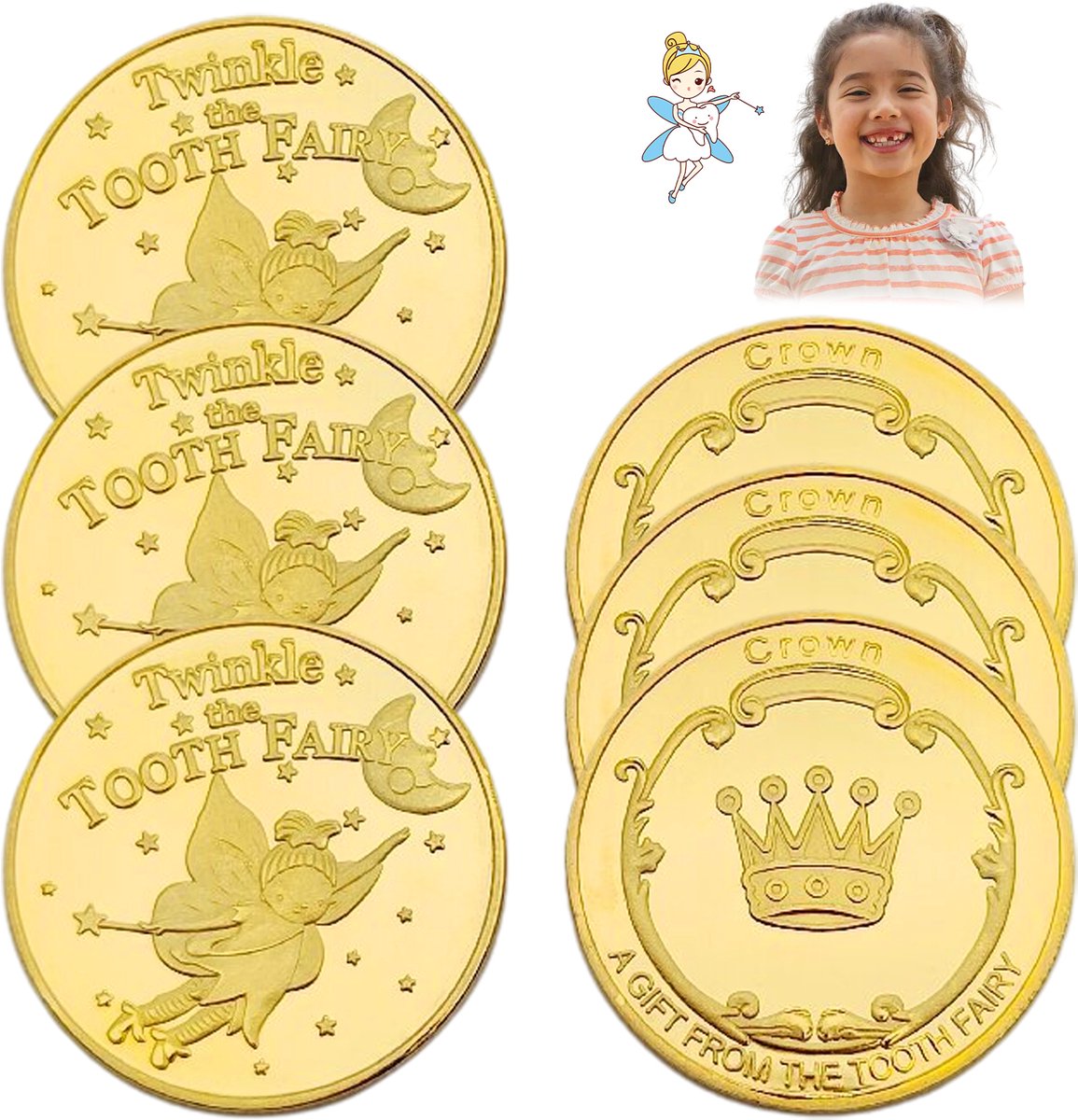 Mmgoqqt - Tandfee Munten - 6 Stuks - Goudplated - Herinneringsmunten Voor Kinderen Bij Tandvallen