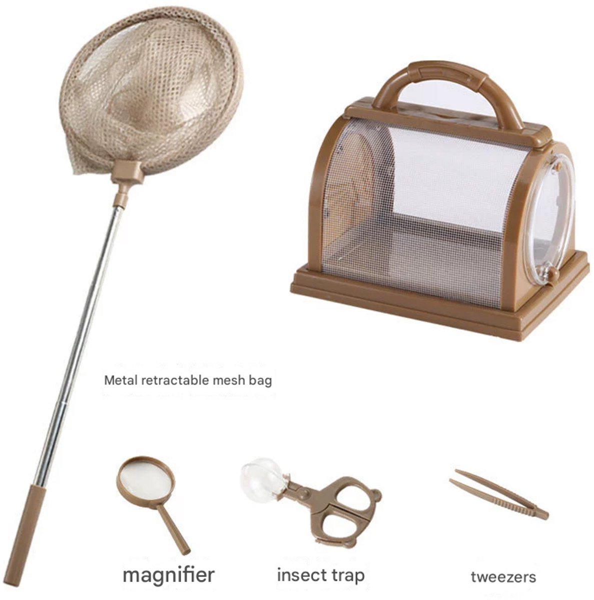 Mmgoqqt 1 Stuks - Insecten Observeren Kit - Insectenvanger Insectenval - Bruine Grote Observatiekooi - Met Net Loep En Gereedschap Voor Kinderen