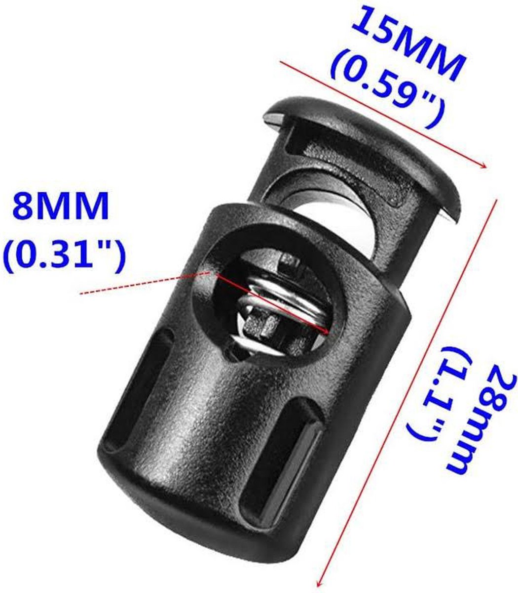 Zwarte Koordstoppers - 6 stuks - Bevestigingsclip - Veer - Geschikt voor koord tot 5 mm dik - Perfect voor Kleding - DIY-projecten - Reizen - Duurzaam ABS-plastic - Bagage - Schoenveters - Kleding - Trekkoorden - Hoodies - Tenten