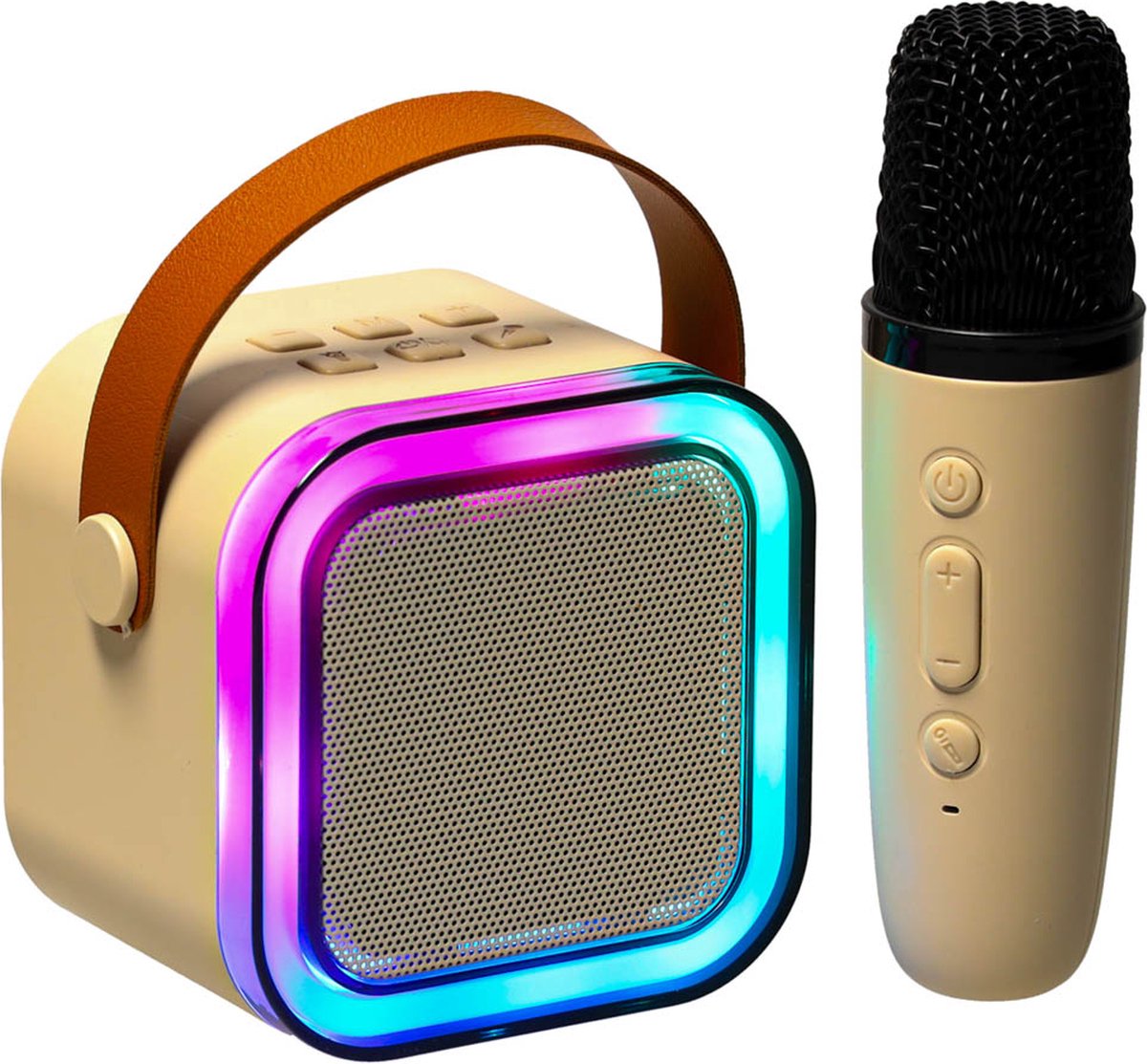 Ikonka Karaoke Set met Microfoon – Bluetooth USB LED Luidspreker – Draagbare Muziekspeler – Beige Karaokeset
