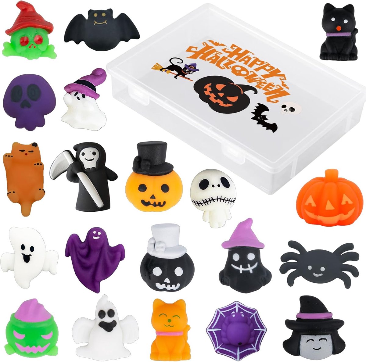 Halloween Mochi Squishy - 20x stuks - speelgoedset, pompoen, spook, vleermuis, heks design, met opbergdoos, feestaccessoires voor kinderen (20P)