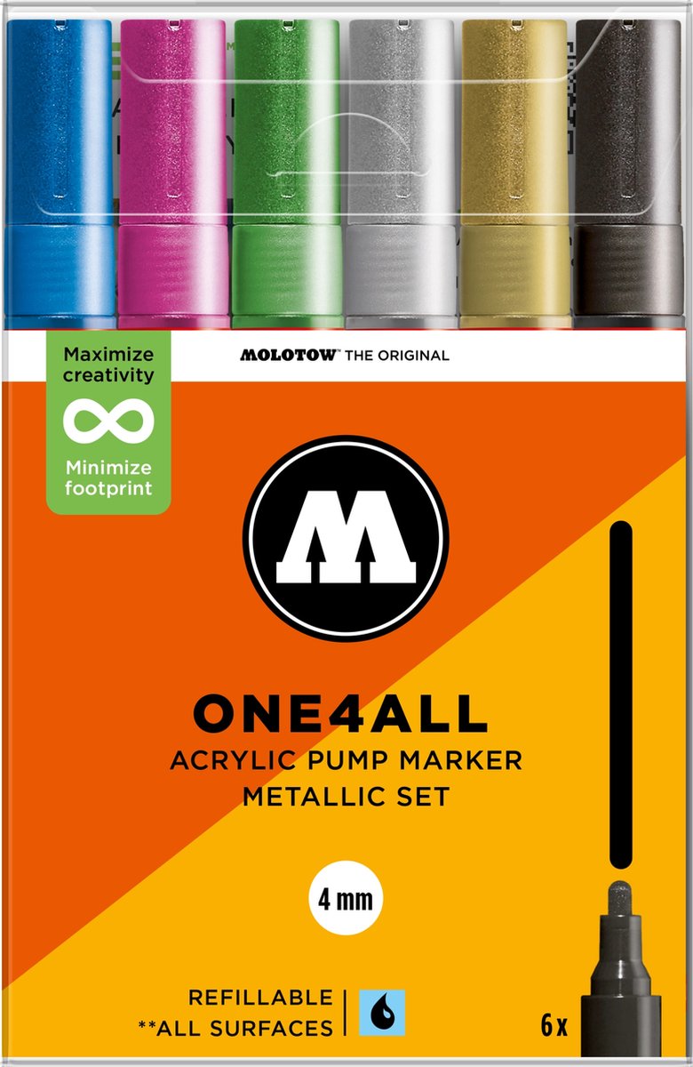 Molotow ONE4ALL 227HS Acrylstiften Set Metaal - 6 Stuks - 4mm - Metallic Set