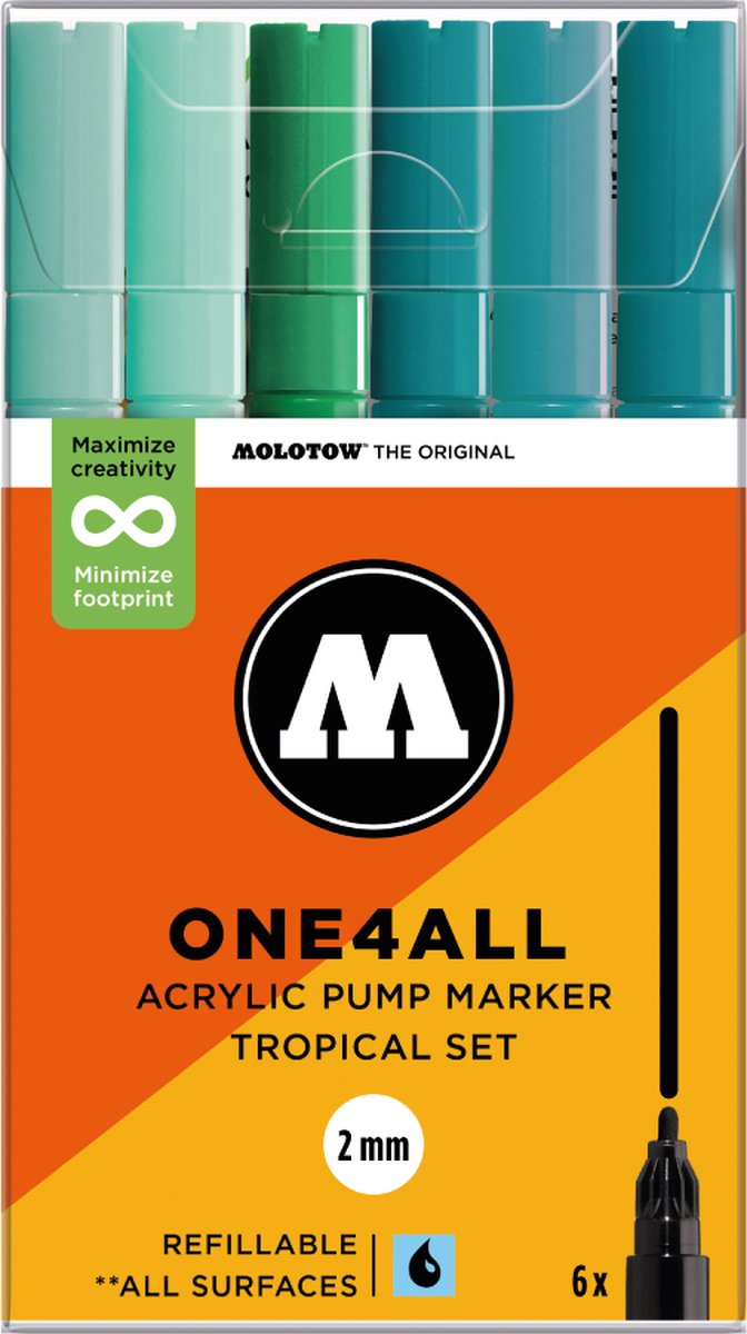 Molotow ONE4ALL Acrylstiften Set van 6 Turqoise tinten - Acryl markers - 2mm breed - hervulbaar - alle ondergronden
