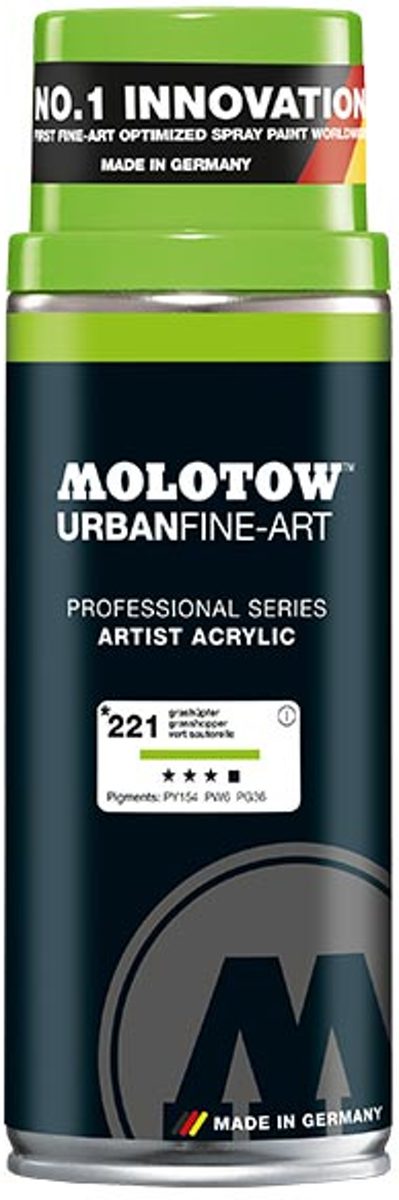 Molotow Urban Fine Art Acryl Spray: Sprinkhaan Groen - 400ml spuitbus voor canvas, plastic, metaal, hout etc.