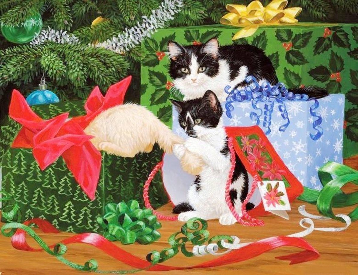 Diamond Painting Pakket - Serie Kerstmis - Katten en Kerstboom - 40x30 cm - Complete Set - Volledige Bedekking - Ronde Steentjes - Dielay