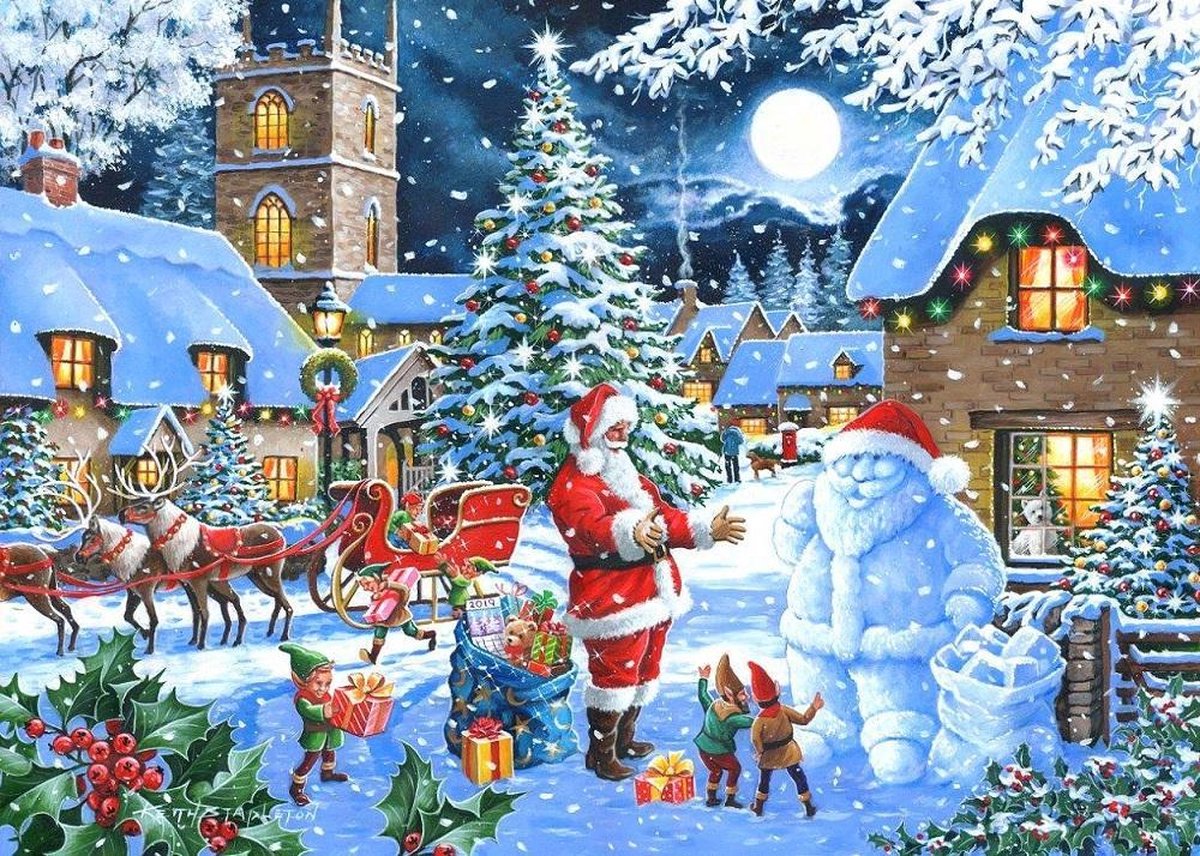 Diamond Painting Pakket - Serie Kerstmis - Sneeuwpop en Kerstman - 40x30 cm - Complete Set - Volledige Bedekking - Ronde Steentjes - Dielay