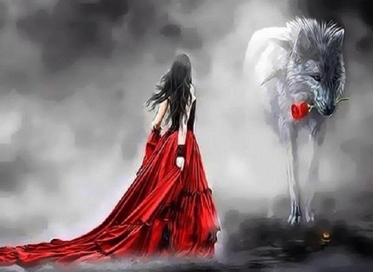 Diamond painting   compleet: Wolf met vrouw 40x30