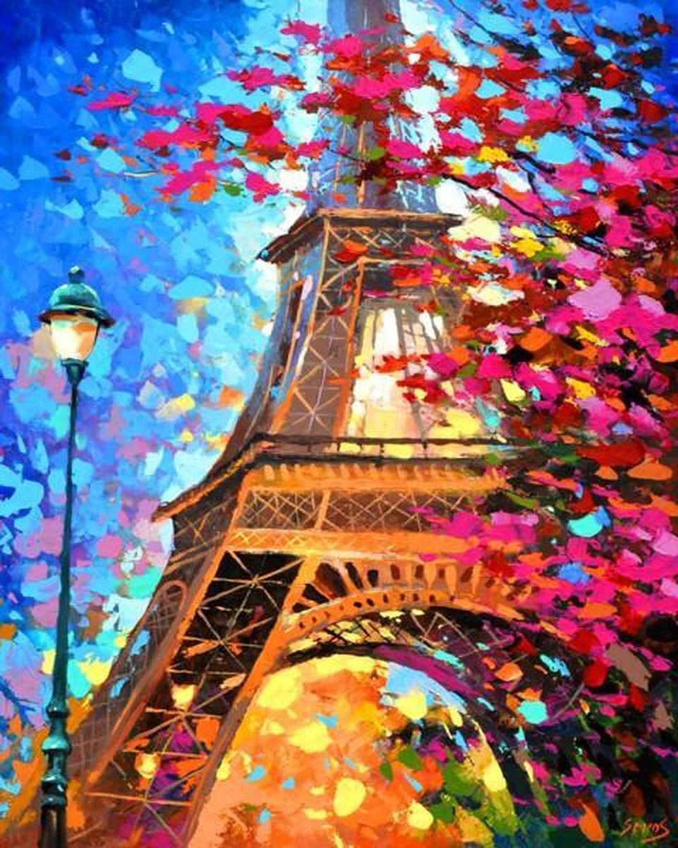 Full Diamond Painting Volwassenen  - Ronde Steentjes  - Volledig Pakket  - Hobby  - Steden - Kleurrijk schilderij Eiffeltoren in Parijs  50x40 cm