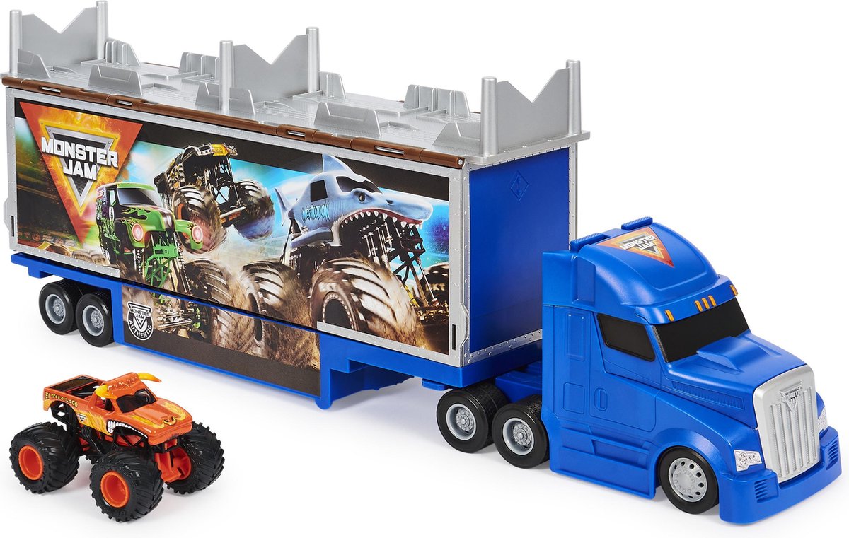 Monster Jam, officiële 2-in-1 transformerende Hauler-speelset met exclusieve metalen El Toro Loco-monstertruck op een schaal van 1:64.