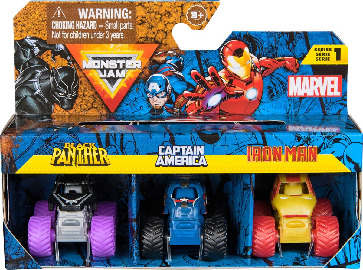 Monster Jam - Marvel-set met 3 mini trucks - metalen monstertrucks van Black Panther, Captain America en Iron Man - schaal 1:87