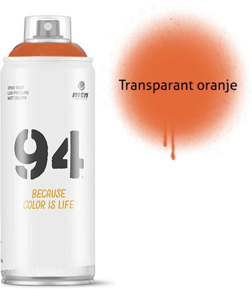 1x MTN94 spuitbus - 400ml spuitverf - Transparant oranje - Lage druk en matte afwerking - Spuitverf voor binnen en buiten gebruik voor vele doeleinden, zoals klussen, graffiti, hobby en kunst