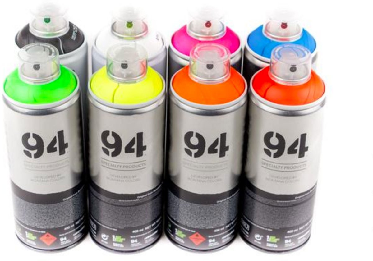 8 MTN94 Fluoriserende spuitbussen pakket - 400ml spuitverf - Lage druk en matte afwerking - Spuitverf voor binnen en buiten gebruik voor vele doeleinden, zoals klussen, graffiti, hobby en kunst