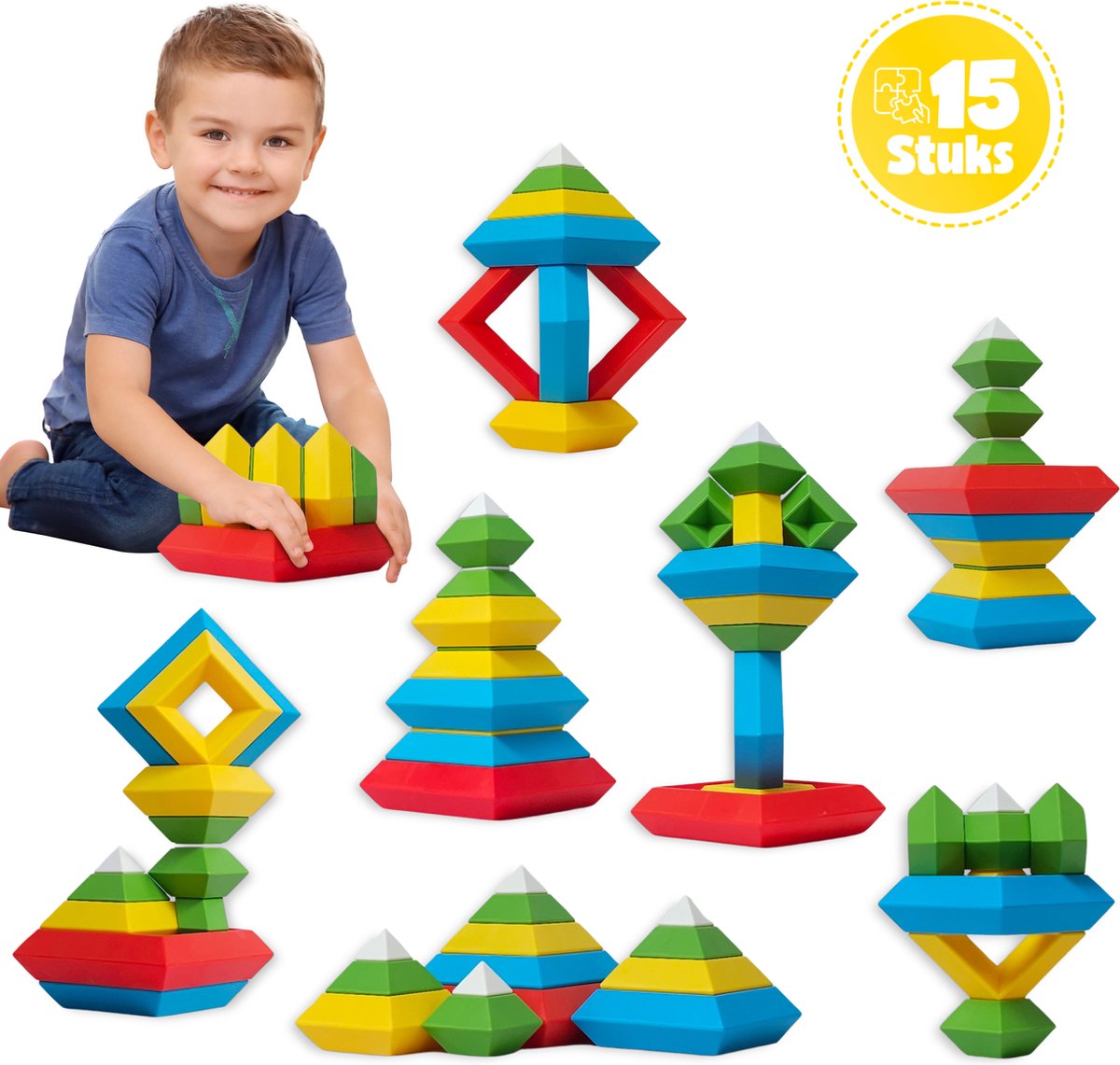 MontiPlay® Build Buddies - 15 Stuks Blokkentoren - Educatief Montessori Speelgoed - Stapelstenen & Blokken - STEM & Sensorisch Peuterspeelgoed - Vanaf 3 Jaar - Kinderspeelgoed - Bouwblokken - Het grote speelgoedboek 2025