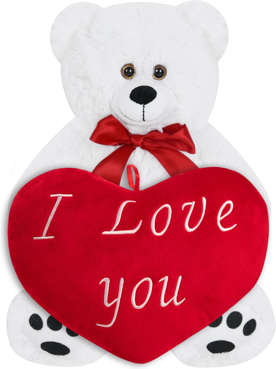Monzana Knuffelbeer met Hart - 50cm Wit – 32cm I Love You