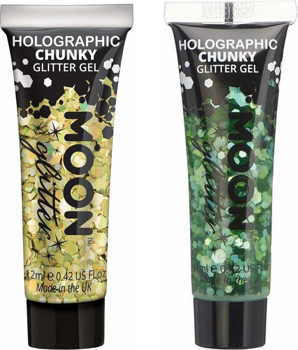 Moon Creations Chunky Glittergel set - voor lichaam en gezicht - goud/groen