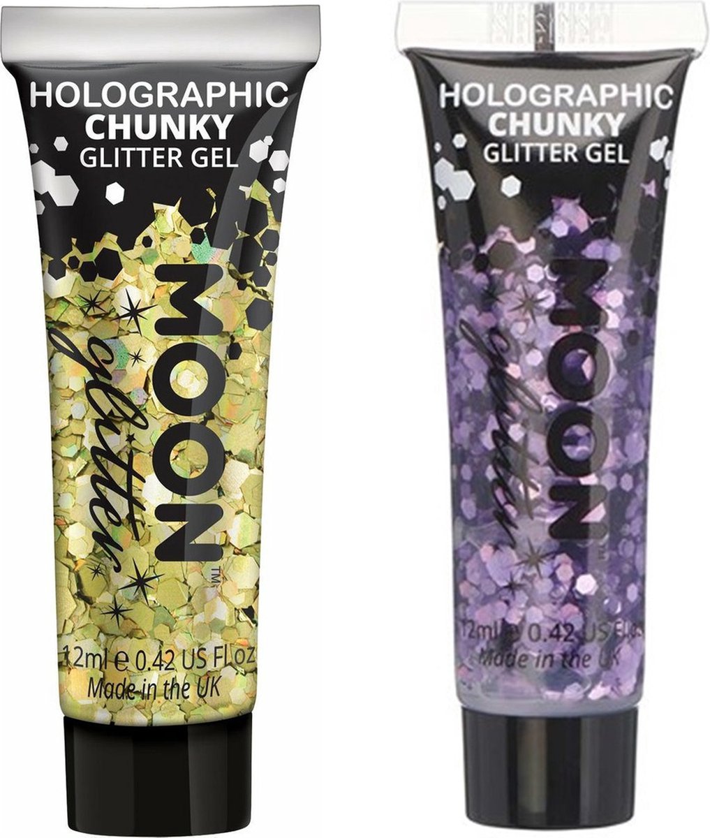 Moon Creations Chunky Glittergel set - voor lichaam en gezicht - goud/paars