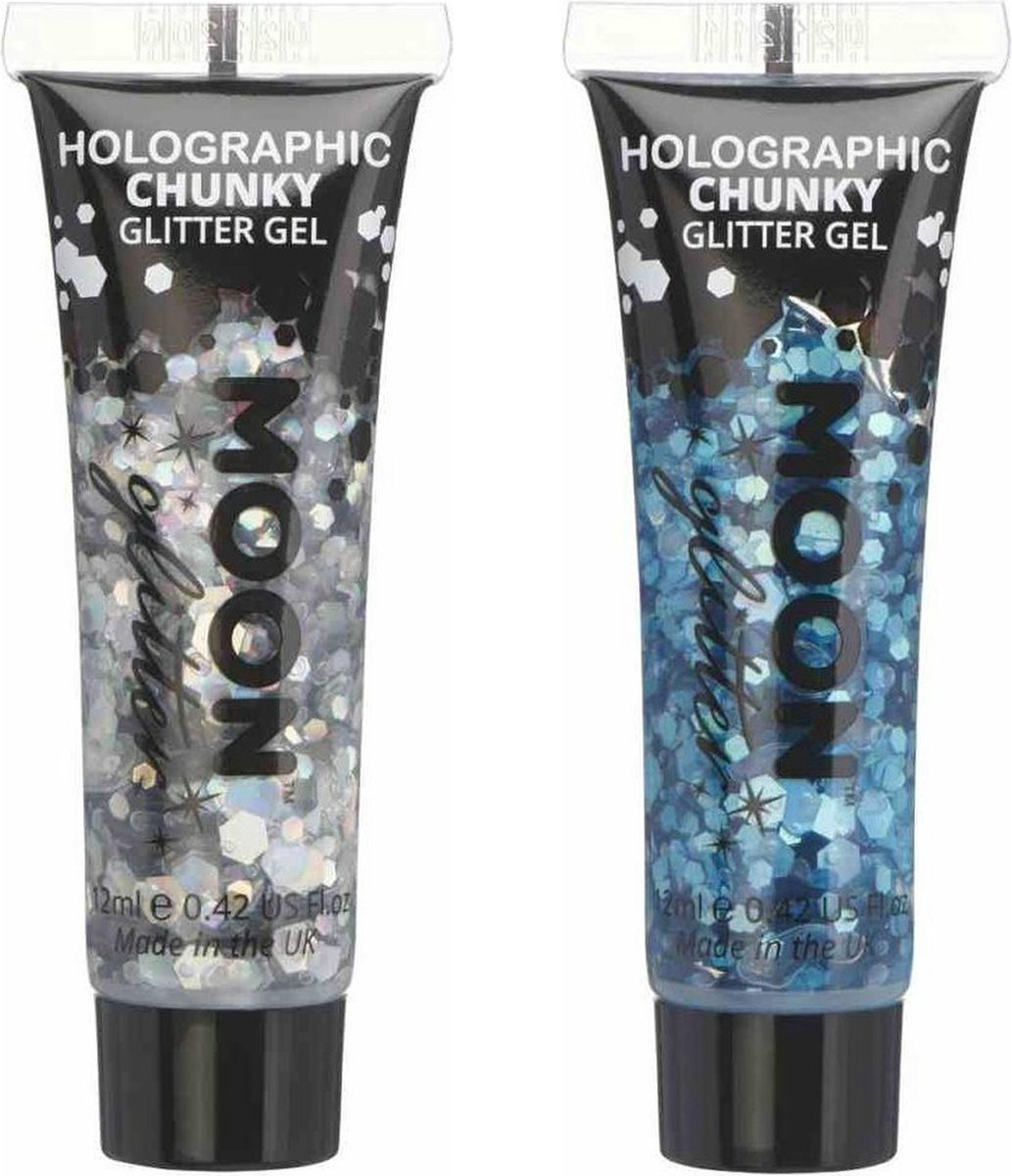 Moon Creations Chunky Glittergel set - voor lichaam en gezicht - zilver/blauw