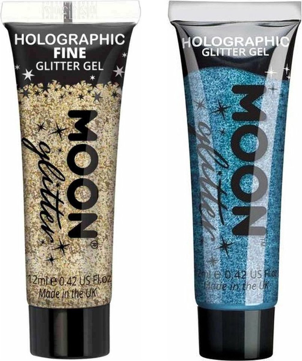 Moon Creations Glittergel fijn set - voor lichaam en gezicht - goud en blauw
