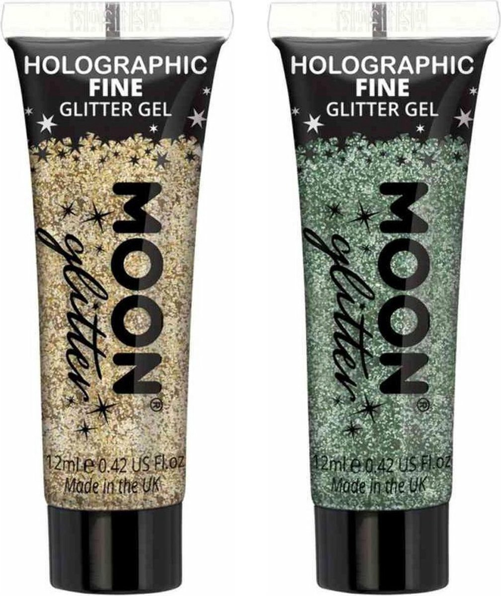 Moon Creations Glittergel fijn set - voor lichaam en gezicht - goud en groen
