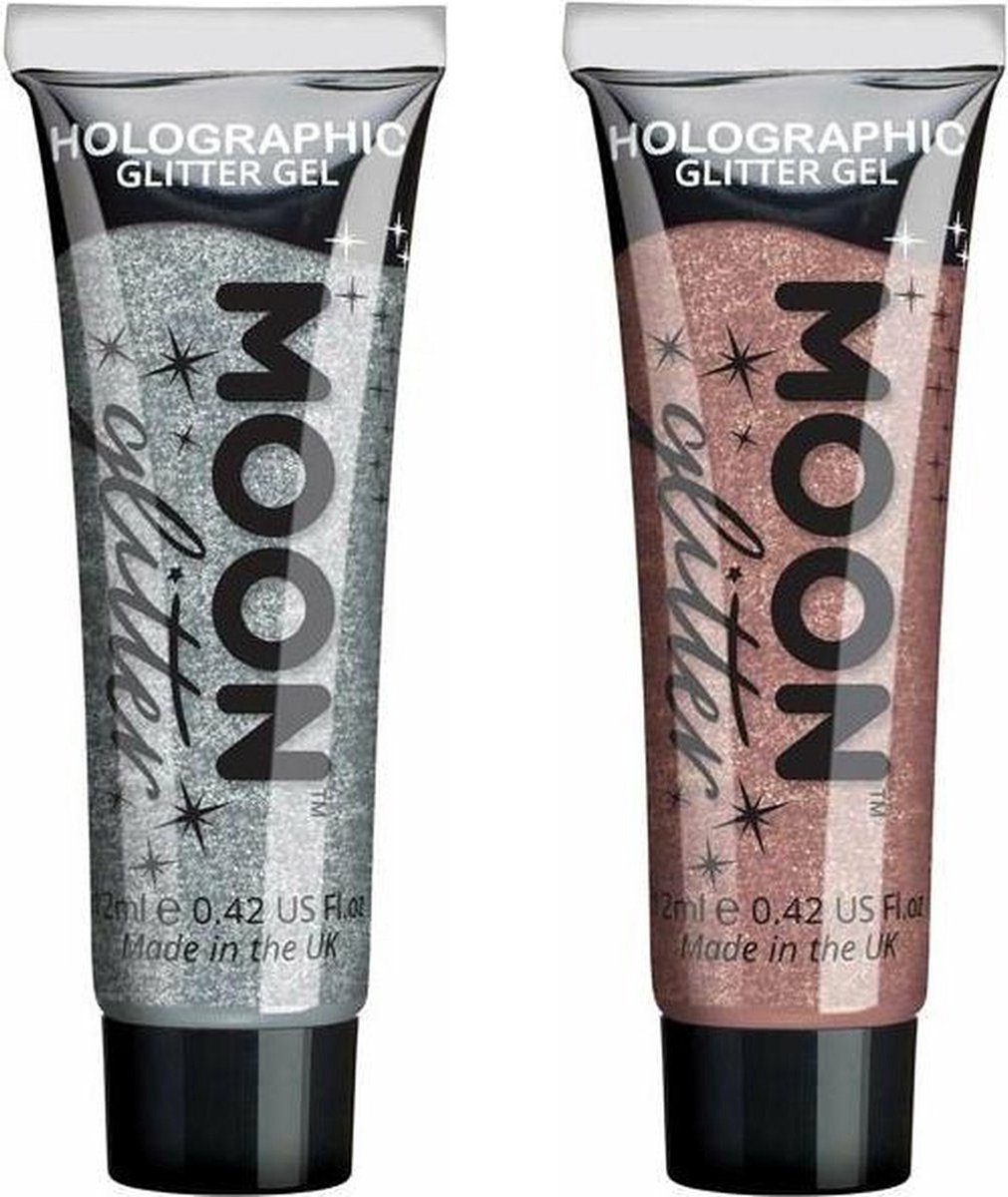 Moon Creations Glittergel fijn set - voor lichaam en gezicht - zilver en rose goud