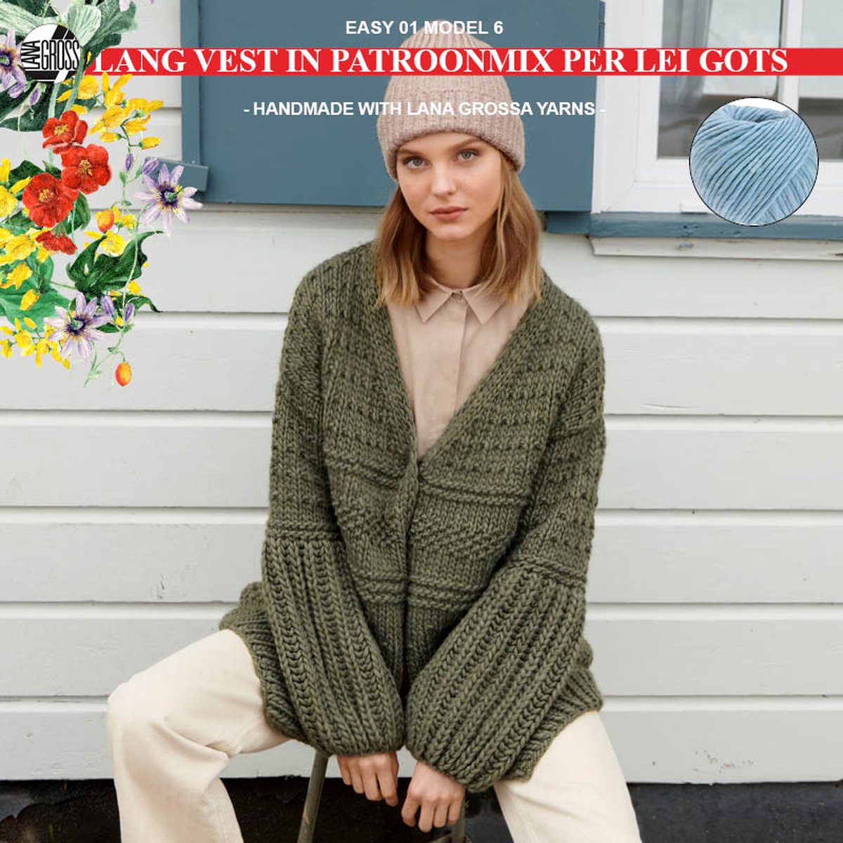 Breipakket lang vest in een patroonmix met Per Lei Gots-mt. 40/42 - model 06 van Lana Grossa Easy 01-hemelsblauw