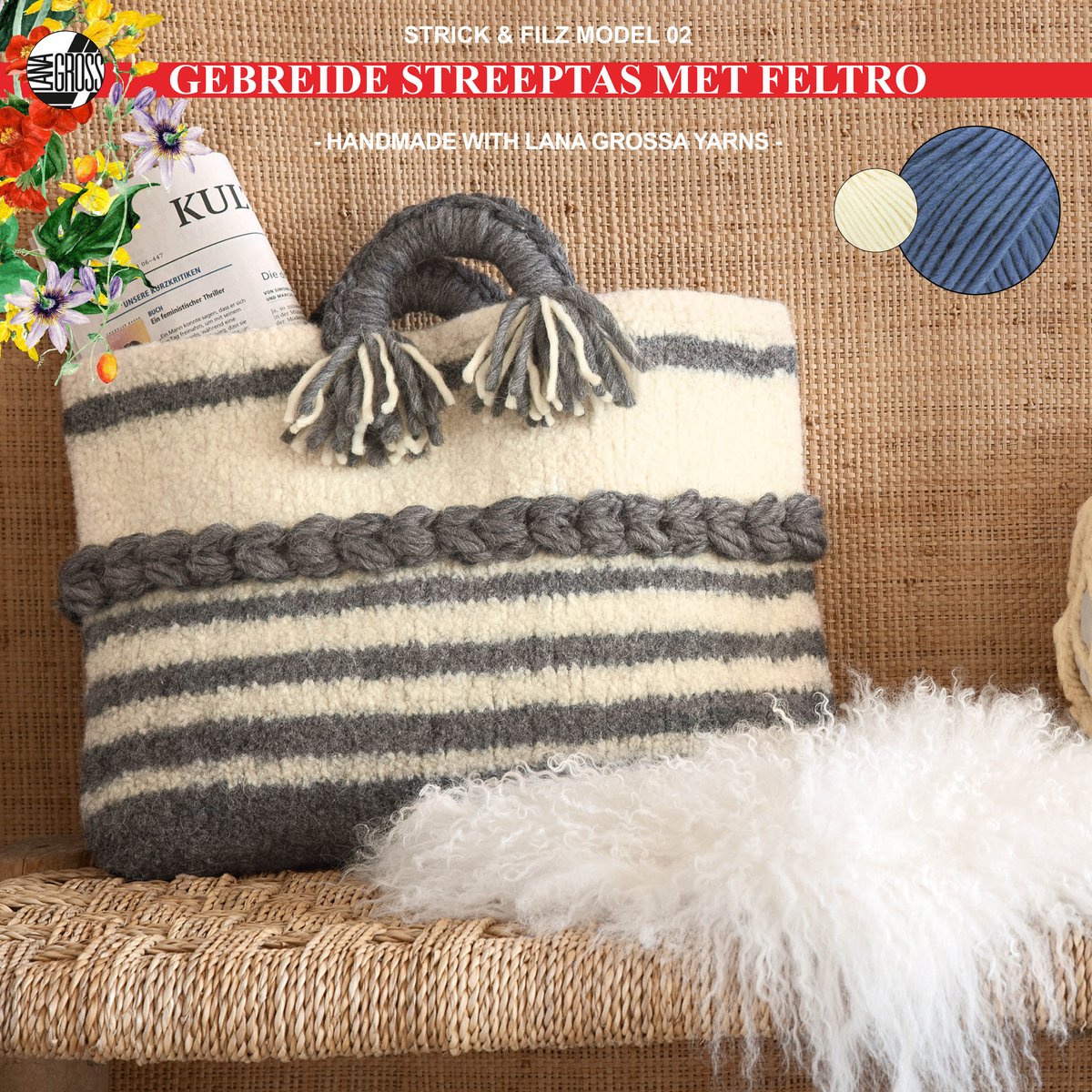 Breipakket tas met Feltro-garen model 2 van Lana Grossa Strick & Filz nr. 14-jeans/cream
